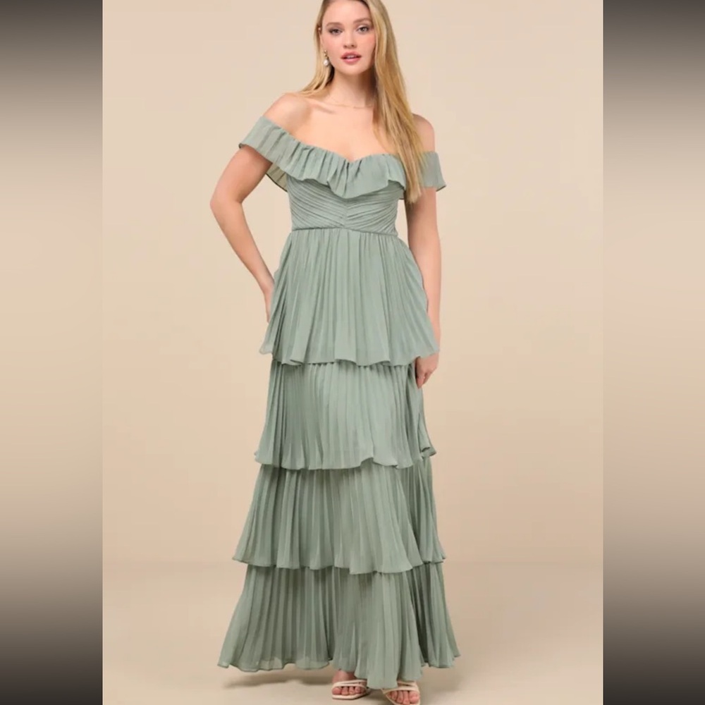 Lulus Always Remarkable Sage Brush Pleated Off-the-Shoulder Maxi Dress